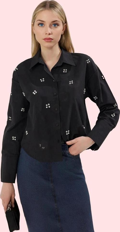 Kadın Oversize Dokuma Gömlek Taş Detaylı Uzun Kollu Günlük Hafta Sonu Yaz Aylarının Vazgeçilmezi