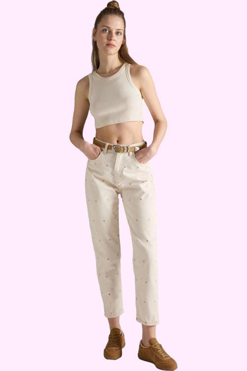 Kadın Yüksek Bel Geniş Paça Mom Jean Kalp Desenli Denim Günlük Hafta Sonu Kaliteli Malzeme