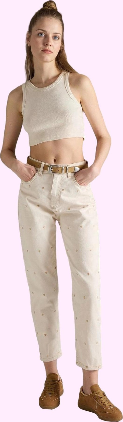 Kadın Yüksek Bel Geniş Paça Mom Jean Kalp Desenli Denim Günlük Hafta Sonu Kaliteli Malzeme