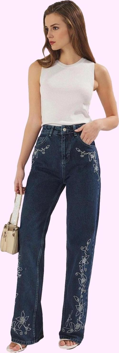 Kadın Yüksek Bel Geniş Paça Nakışlı Jean Pantolon Pamuk Günlük Kombinler Dayanıklı Malzeme