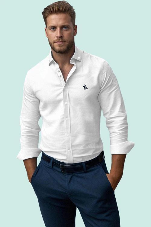 Erkek Regular Fit Nakış Detaylı Smart Gömlek Uzun Kol Pamuklu Günlük Kullanım Modern Tasarım