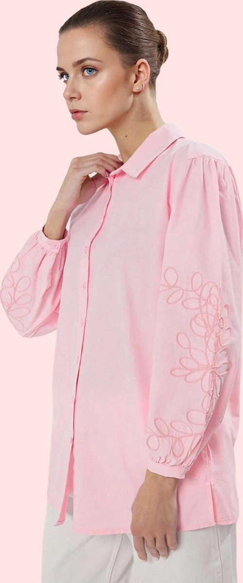 Kadın Oversize Pamuklu Gömlek Nakış Detaylı Uzun Kollu Günlük Hafta Sonu Dayanıklı Malzeme