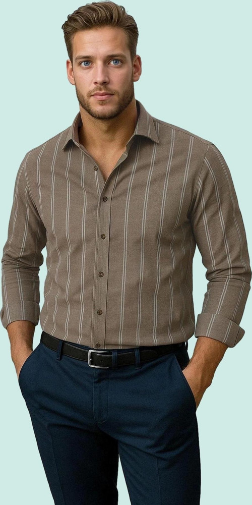 Erkek Slim Fit İnce Çizgili Gömlek Yaka Düğmeli Uzun Kollu Günlük Yaz Aylarının Vazgeçilmezi