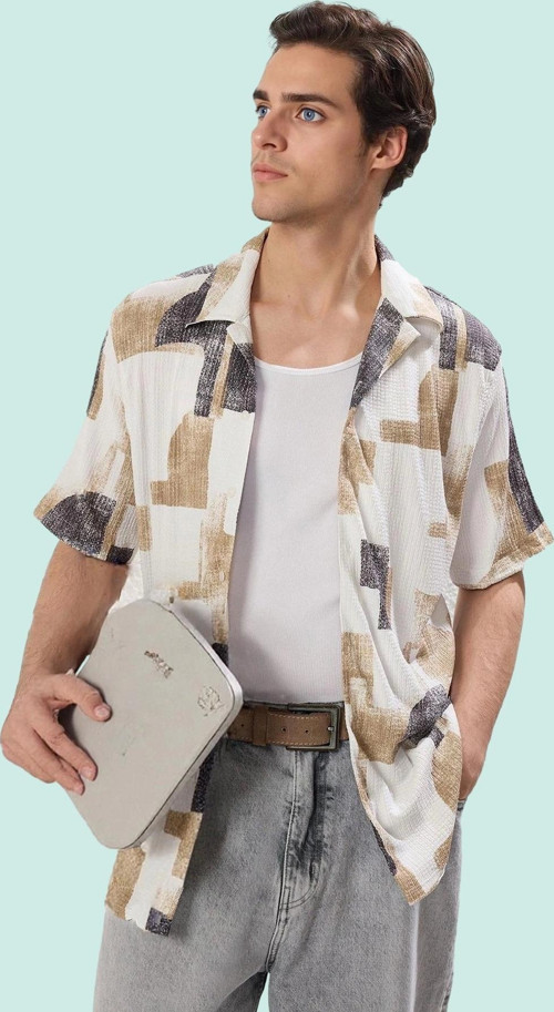 Erkek Regular Fit Kısa Kollu Bürümcük Çizgili Gömlek Rahat Yazlık Tasarım Günlük Kombinler