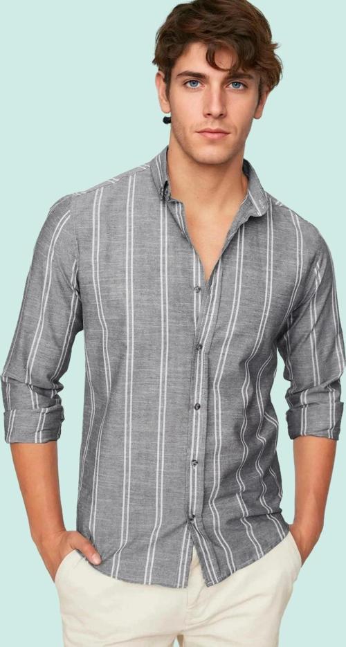 Erkek Slim Fit İnce Çizgili Gömlek Yaka Düğmeli Uzun Kollu Günlük Yaz Aylarının Vazgeçilmezi