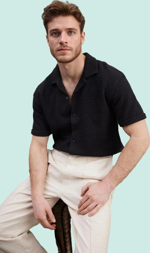 Erkek Regular Fit Kısa Kollu Dokulu Gömlek Rahat Günlük Yaz Hafta Sonu Stilin Buluştuğu Yer