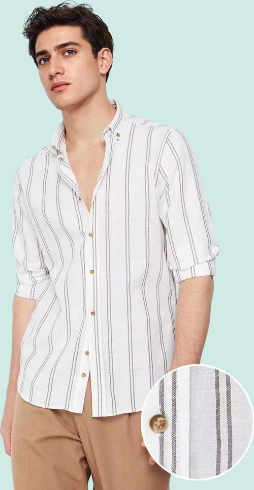 Erkek Slim Fit İnce Çizgili Gömlek Yaka Düğmeli Uzun Kollu Günlük Yaz Aylarının Vazgeçilmezi