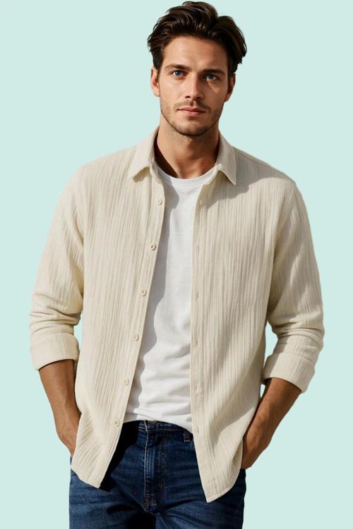 Erkek Regular Fit Dokulu Jakarlı Uzun Kollu Gömlek Rahat Günlük Stil Yaz Aylarının Vazgeçilmezi
