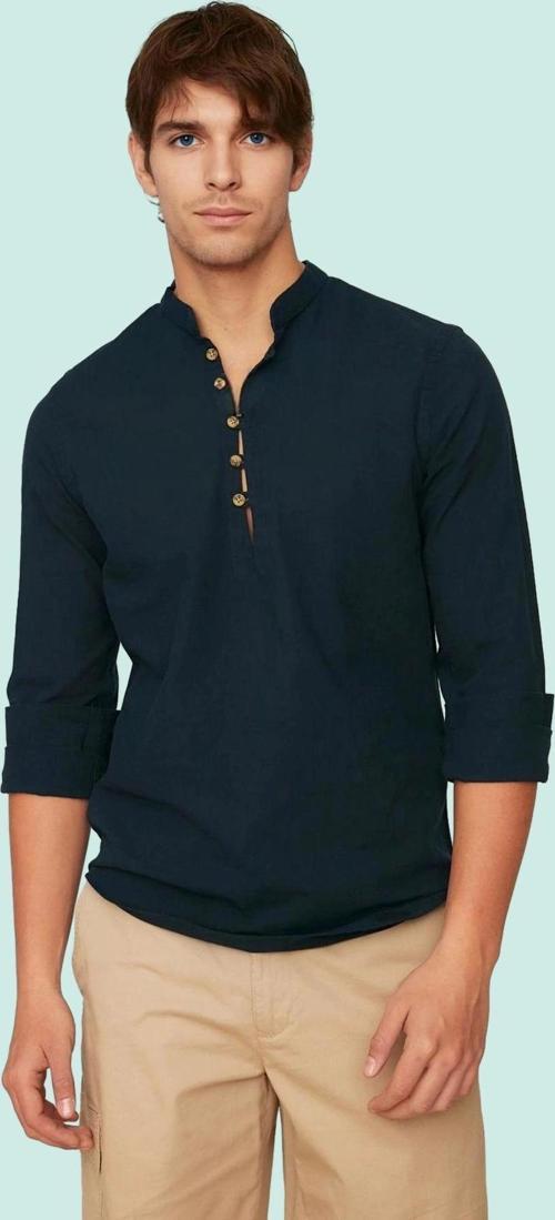 Erkek Slim Fit Hakim Yaka Pamuklu Keten Görünümlü Gömlek Günlük Kullanım Dayanıklı Malzeme