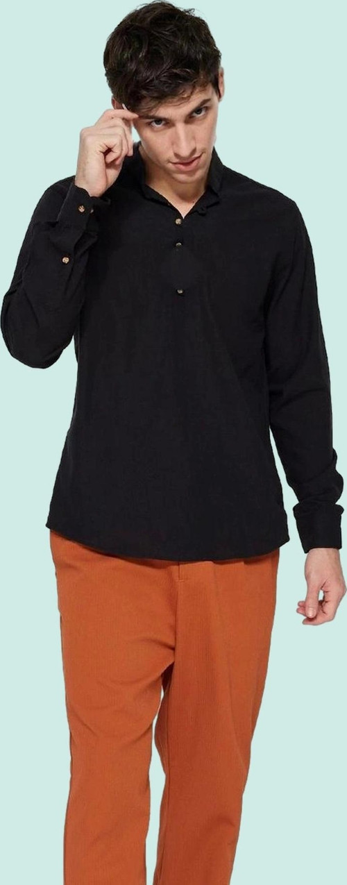 Erkek Slim Fit Hakim Yaka Pamuklu Keten Görünümlü Gömlek Günlük Kullanım Dayanıklı Malzeme