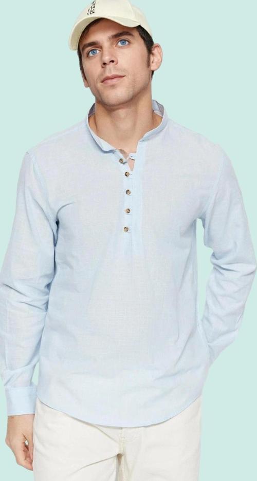 Erkek Slim Fit Hakim Yaka Pamuklu Keten Görünümlü Gömlek Günlük Kullanım Dayanıklı Malzeme