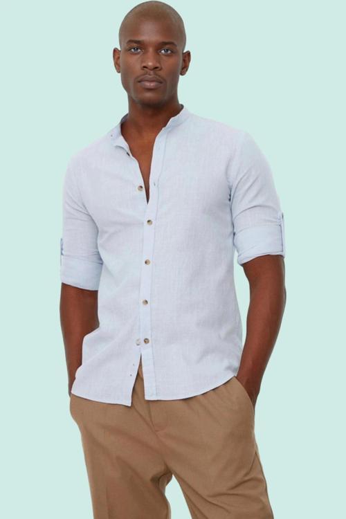 Erkek Basic Slim Fit Hakim Yaka Pamuklu Günlük Gömlek Hafta Sonu Yaz Aylarının Vazgeçilmezi