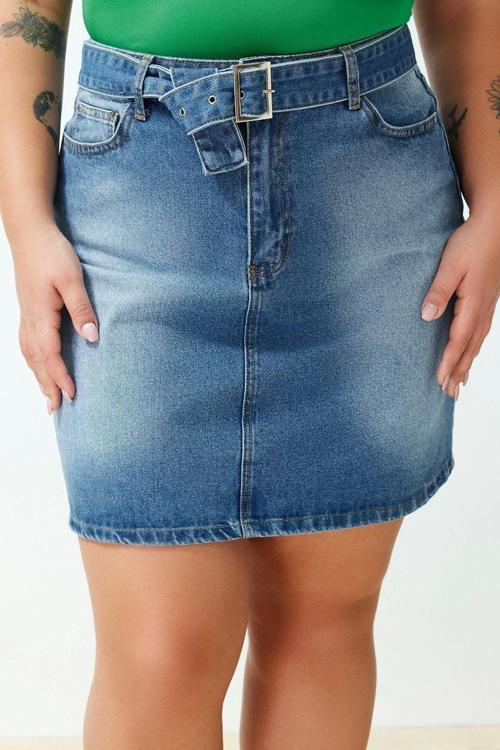 Moda Büyük Beden Regular Düz Desen Günlük Mini Boy Kemerli Mini Denim Etek