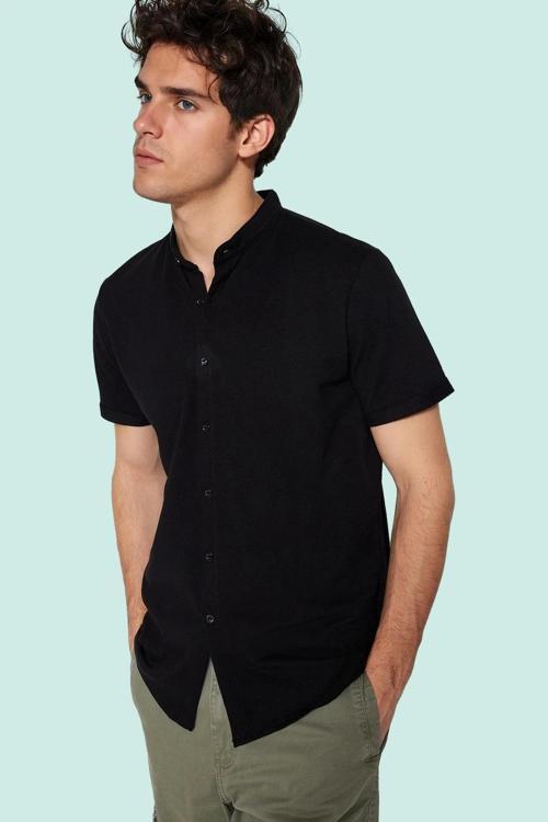 Erkek Kısa Kollu Slim Fit Hakim Yaka Örme Gömlek Pamuklu Günlük Kullanım Dayanıklı Malzeme