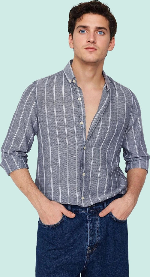 Erkek Slim Fit Çizgili Gömlek Pamuklu İş Ve Günlük Kullanım Hafta Sonu Yaz Aylarının Vazgeçilmezi
