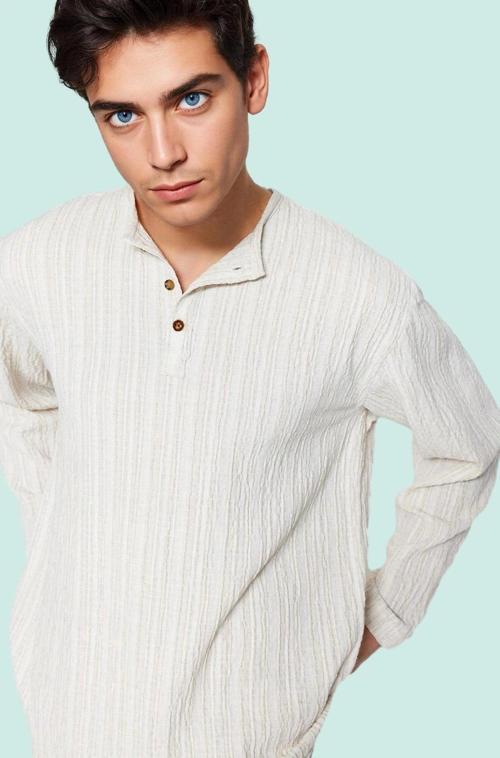 Erkek Relaxed Fit Keten Karışımlı Gömlek Bisiklet Yaka Düz Desen Casual Günlük Özel Günler