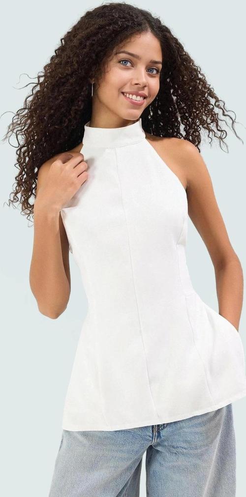 Şık Fitted Dokuma Bluz Halter Yaka Kolsuz Yazlık Yüksek Kalite Kaliteli İşçilik