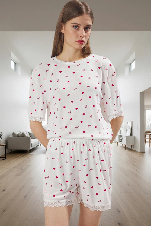 Rahat Pijama Takımı Kalp Desenli Örme Kumaş Dantel Detay Yazlık Uzun Ömürlü Mükemmel Uyum