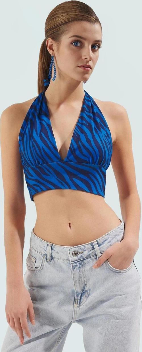 Super Crop Fitted Örme Bluz Boyundan Bağlamalı Soyut Desen Yazlık Konforlu Kesim