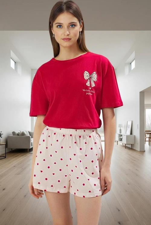 Pamuklu Kısa Kollu Pijama Takımı Kalpli Desenli Şort ve Üst Özenle Seçilmiş