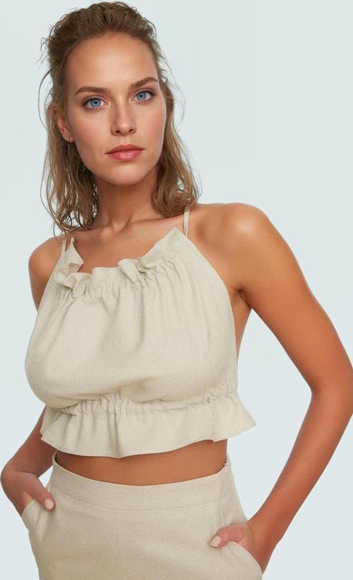 Kolsuz Crop Bluz Rahat Keten Karışımı Bisiklet Yaka Yazlık Seçkin Malzeme Konforlu Kesim