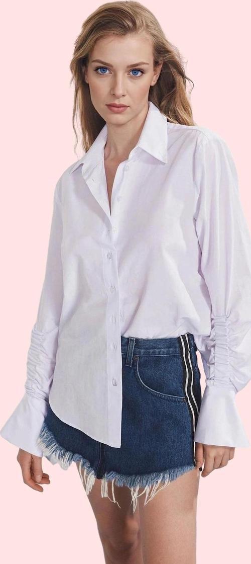 Kadın Oversize Büzgülü Kol Uzun Gömlek Düz Desen Terrycotton İş Ve Günlük Kaliteli Malzeme