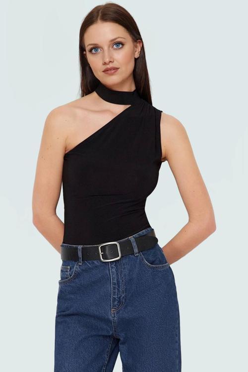 Şık Tek Omuzlu Bluz Örme Kumaş Choker Yaka Regular Boy Rahat Kullanım Özenle Seçilmiş