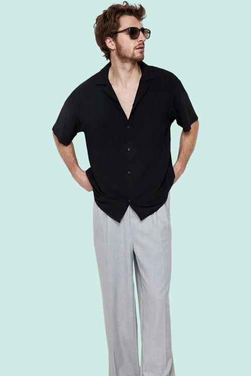 Erkek Oversize Keten Görünümlü Gömlek Kısa Kollu Apaş Yaka Günlük Yaz Aylarının Vazgeçilmezi