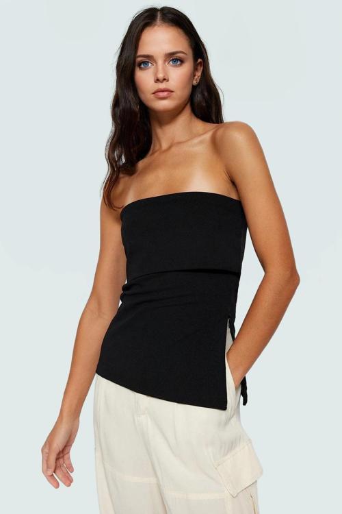 Yandan Fermuarlı Krep Örme Straplez Bluz Premium Kalite Modern Stil