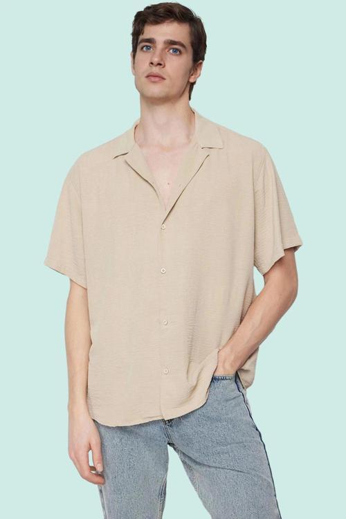 Erkek Oversize Keten Görünümlü Gömlek Kısa Kollu Apaş Yaka Günlük Yaz Aylarının Vazgeçilmezi