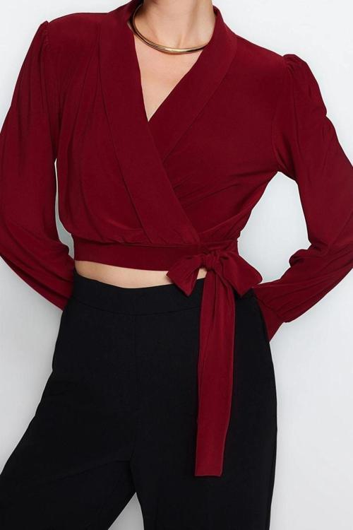 Stil Kadın Kruvaze Kapamalı Esnek Bluz Crop Örme Regular Kalıp Balon Kol