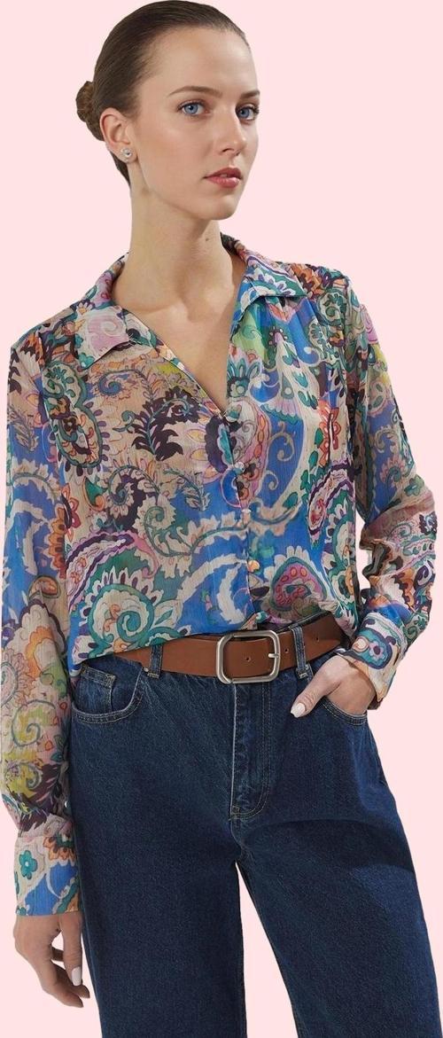 Kadın Oversize Desenli Şifon Gömlek Baskılı Uzun Kollu İş Gömleği Yaz Aylarının Vazgeçilmezi
