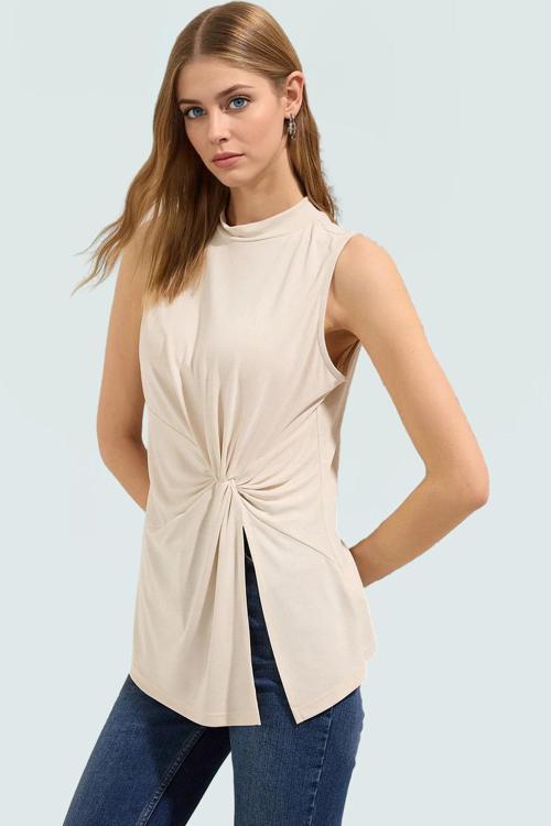 Modal Polyester Örme Bluz Dik Yaka Büzgü Detaylı Yazlık Kaliteli İşçilik Şık Görünüm