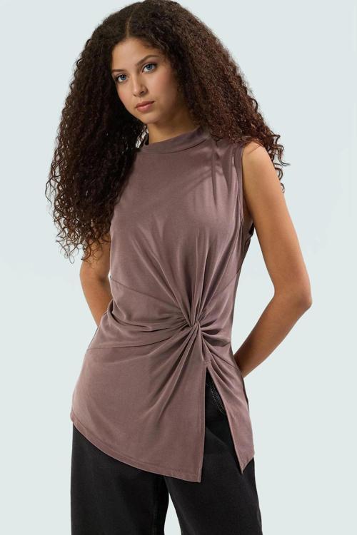 Modal Polyester Örme Bluz Dik Yaka Büzgü Detaylı Yazlık Kaliteli İşçilik Şık Görünüm