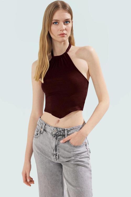 Yazlık Kadın Viskoz Bluz Halter Yaka Crop Fitted Kalıp Dayanıklı Malzeme Yüksek Kalite