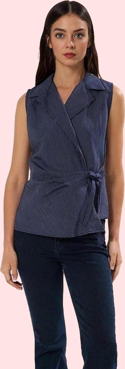 Kadın Kolsuz Çizgili Kruvaze Gömlek Lilyum Dokuma Günlük Kullanım Yaz Aylarının Vazgeçilmezi