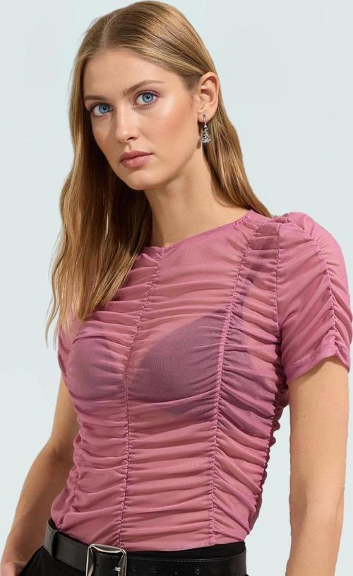 Kısa Kollu Büzgü Detaylı Örme Bluz Fitted Kalıp Kaliteli İşçilik Modern Stil Rahat Ve Şık