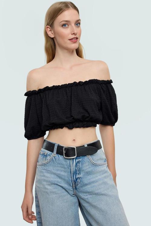 Kadın Polyester Bürümcük Dokuma Crop Bluz Carmen Yaka Kısa Kol Özel Tasarım Zarifane