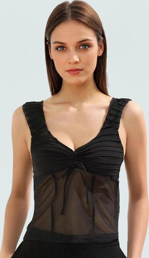 V Yaka Fırfırlı Tül Örme Bluz Yazlık Şık Tasarım Modern Stil Yüksek Kalite Kaliteli İşçilik