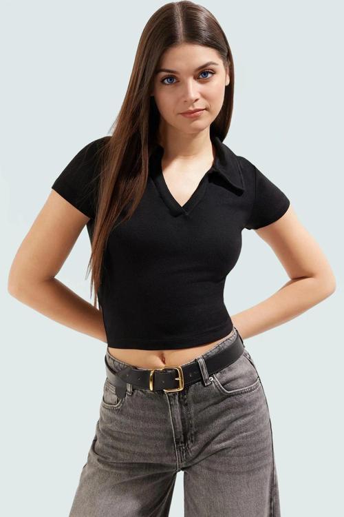 Viskoz Ribana Örme Bluz Crop Polo Yaka Fitted Rahat Kullanım Premium Kalite Modern Stil