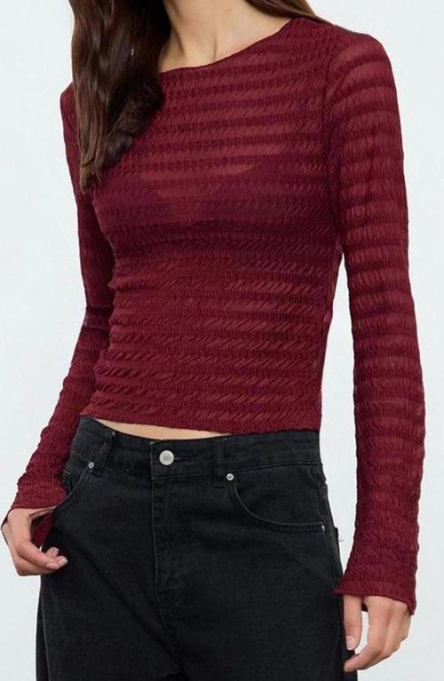 Stil Kadın Fitted Vücuda Oturan Dokulu Tül Esnek Bluz Regular Örme Slim Kalıp