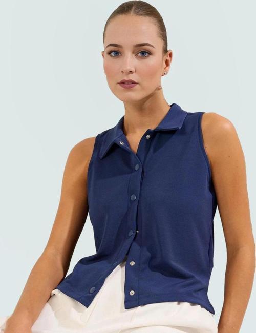 Regular Kalıp Kolsuz Bluz %96 Polyester %4 Elastan Polo Yaka Rahat Yazlık Zarifane Tasarım