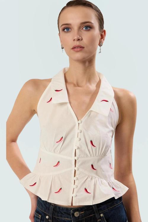 Pamuklu Terrycotton Crop Bluz Fitted Kalıp Biber Nakış Detaylı Kaliteli İşçilik