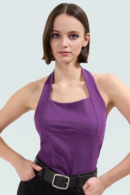 Kolsuz Örme Bluz Boyundan Bağlamalı Fitted Kalıp Trend Tasarım Rahat Ve Şık