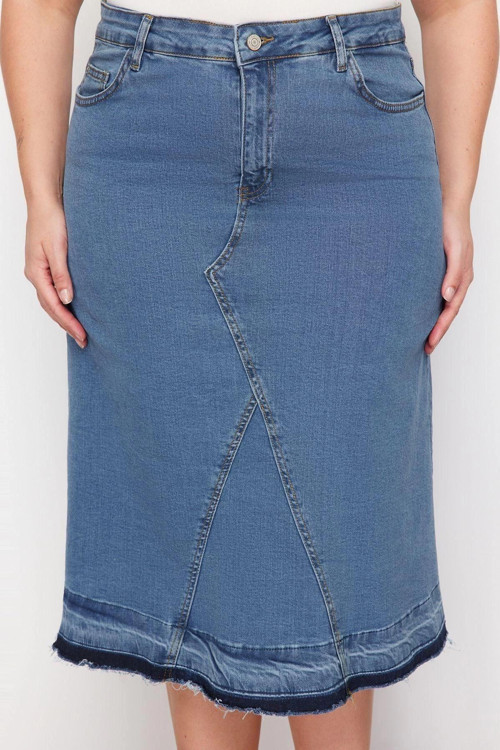 Moda Büyük Beden Regular Düz Desen Günlük Midi Boy Renk Bloklu Denim Etek