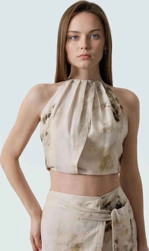 Rahat Kolsuz Bluz Keten Görünümlü Dokuma 100% Polyester Yazlık Crop Profesyonel Görünüm