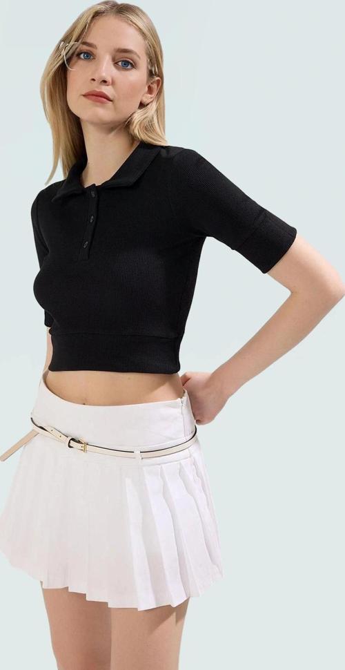 Rejenere Kaşkorse Crop Bluz Çizgili Polo Yaka Fitted Yazlık Konforlu Kesim Özenle Seçilmiş