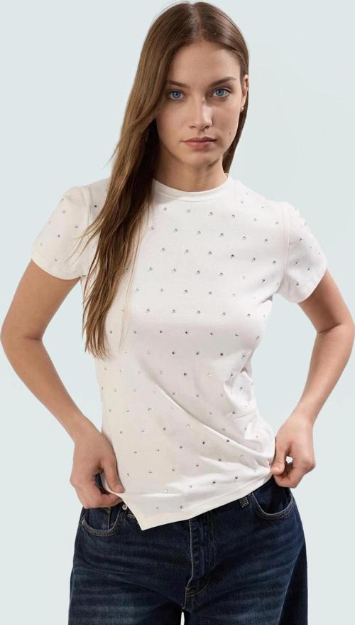 Asimetrik Taşlı T shirt Pamuklu Fitted Yazlık Dayanıklı Malzeme Modern Stil Özenle Seçilmiş