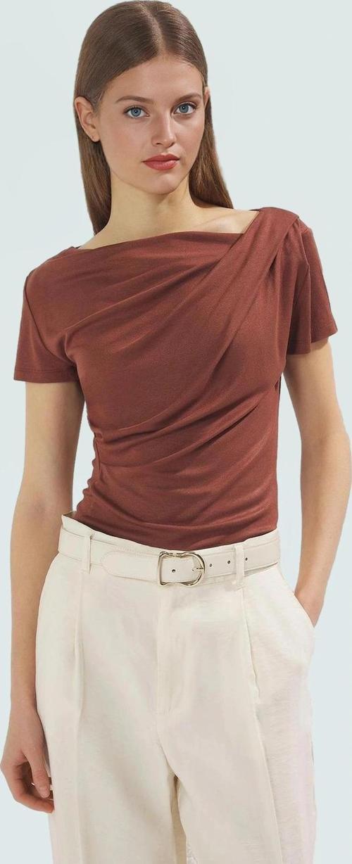 Viskon Ribana Bluz Fitted Vücut Oturma Regular Boy Asimetrik Yaka Özel Tasarım