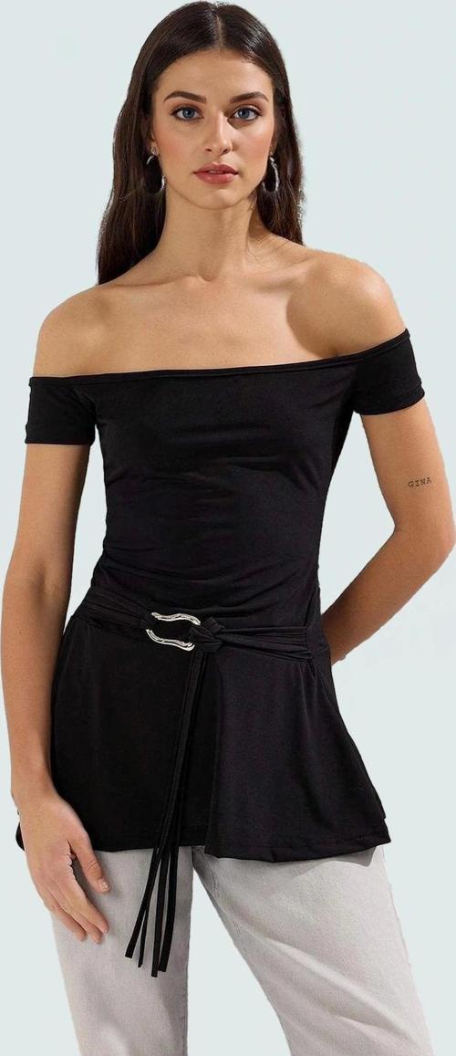 Uzun Örme Bluz Carmen Yaka Kemerli Rahat Kalıp Yazlık Yüksek Kalite Şık Görünüm